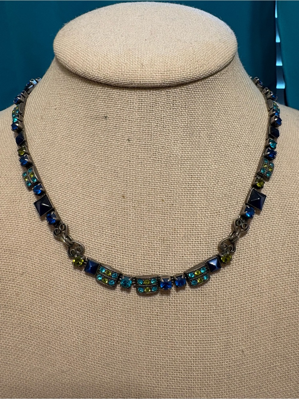 Mary DeMarco necklace 15-17” crystal rhinestone blues greens tennis style